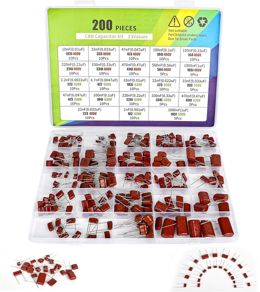 Capacitor set met 200 stuks, 400V en 630V, 23 waarden, polypropyleen, inclusief 1nF, 10nF, 22nF, 33nF, 47µF, 330nF, 470nF en 1µF, ideaal voor elektronica projecten en hobbygebruik