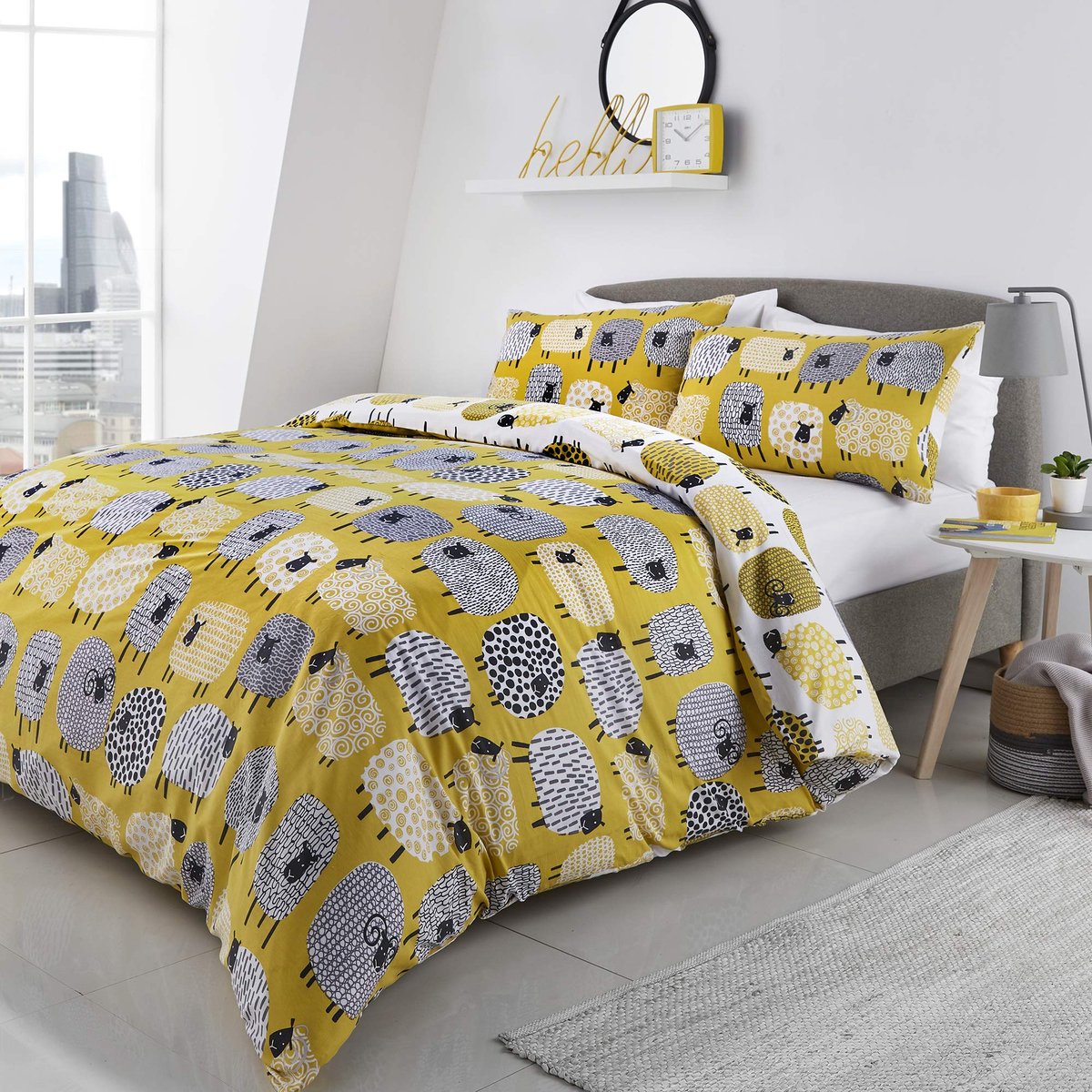 SnelShoppen - Dotty Schapen-Easy Care Dekbedovertrek Set - 2 Persoons, Grijs & Wit, 100% Katoen, Geschikt voor Kinderen en Volwassenen, Ideaal voor Sl
