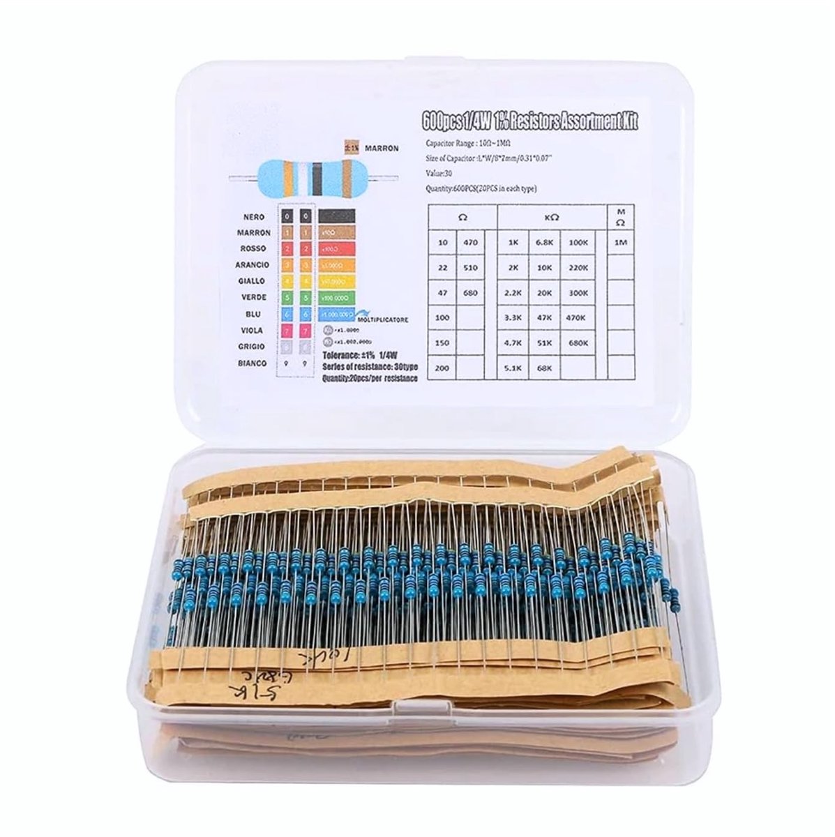 Set van 600 Stuks Metaal Film Weerstanden met 30 Waarden 1/4 W voor Elektronica, Arduino en DIY Projecten - Precisie Weerstandsassortiment met Tolerantie ± 1%