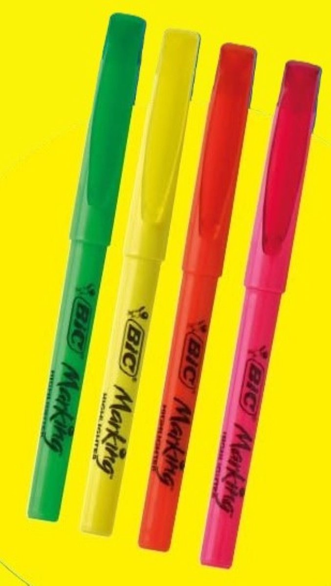 Bic - 4 highlighters - tekstmarkers - markers neon - oranje geel groen roze - afgeplatte punt - 1,6mm en 3,4mm - 13 cm