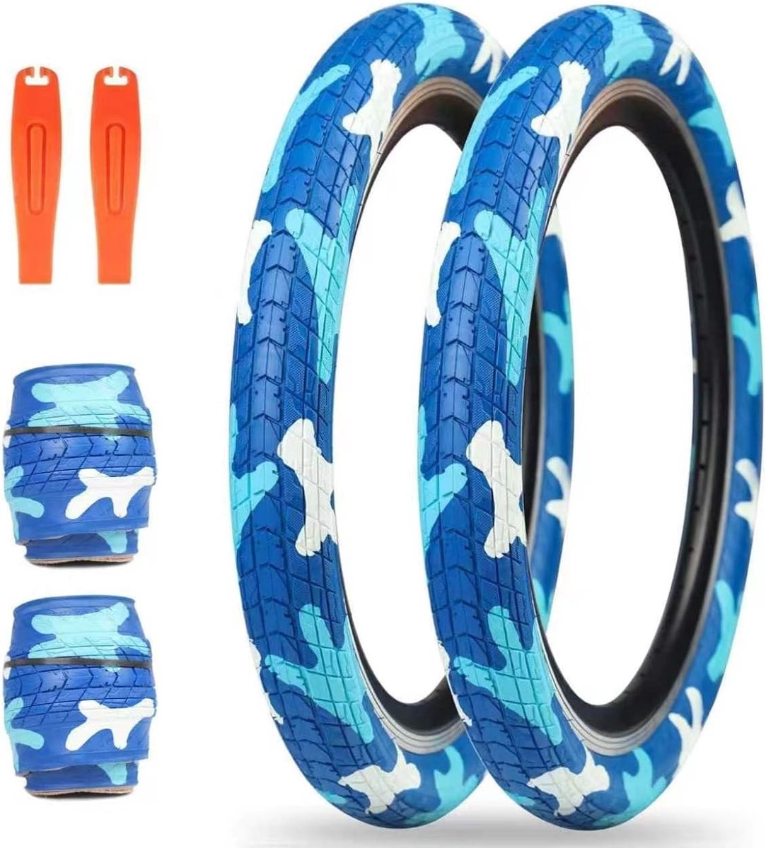 2 stuks 20 x 2,125 BMX fietsbanden met binnenbanden in blauw, duurzame klapbanden voor kinderfietsen, 20 inch, hoge kwaliteit en grip