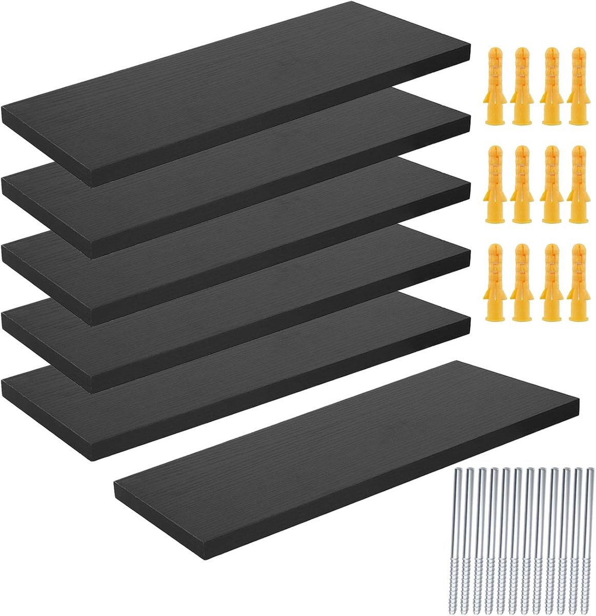 Set van 6 Zwarte Wandplanken van Hout, Drijvende Planken voor Decoratie en Opberging in Woonkamer, Keuken en Slaapkamer, 40 x 15 x 1,5 cm