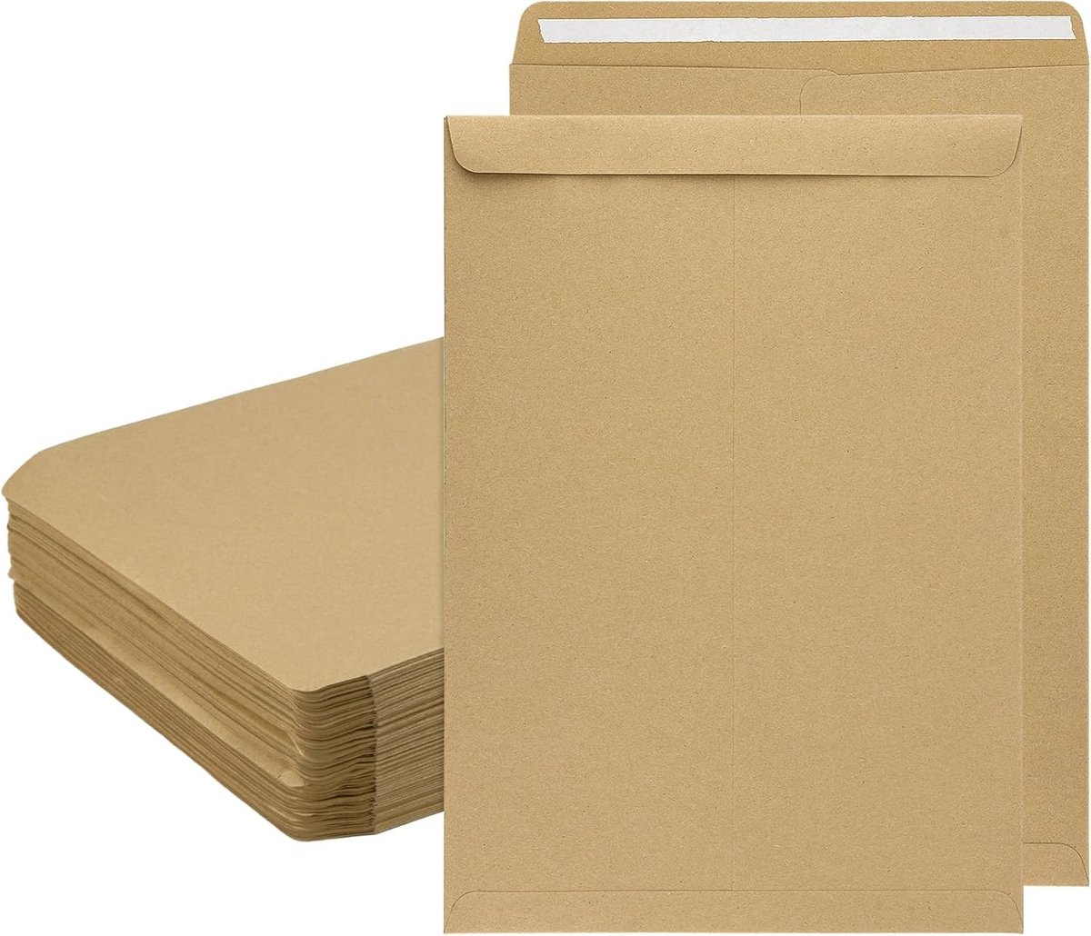100 Stuks A4 C4 Enveloppen, Kraft Bruine Verzend-enveloppen met Peel en Seal, Perfect voor Post en Kantoor, 324×229mm
