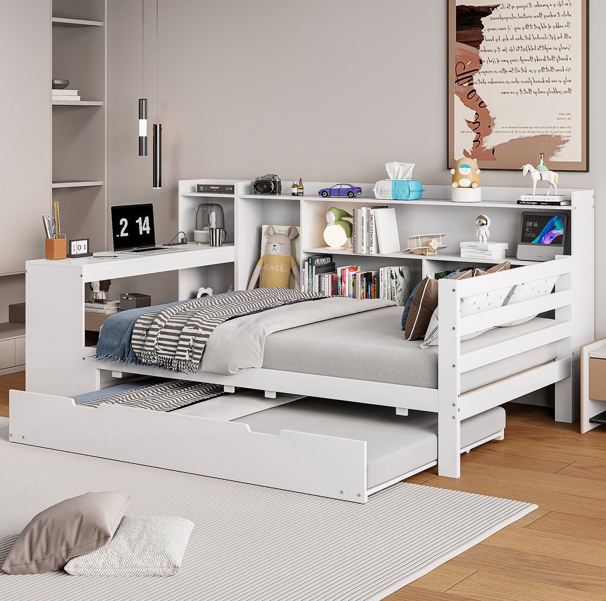 COVREO Slaapbank 90x200 cm wit met uitschuifbed en bureau zonder matras