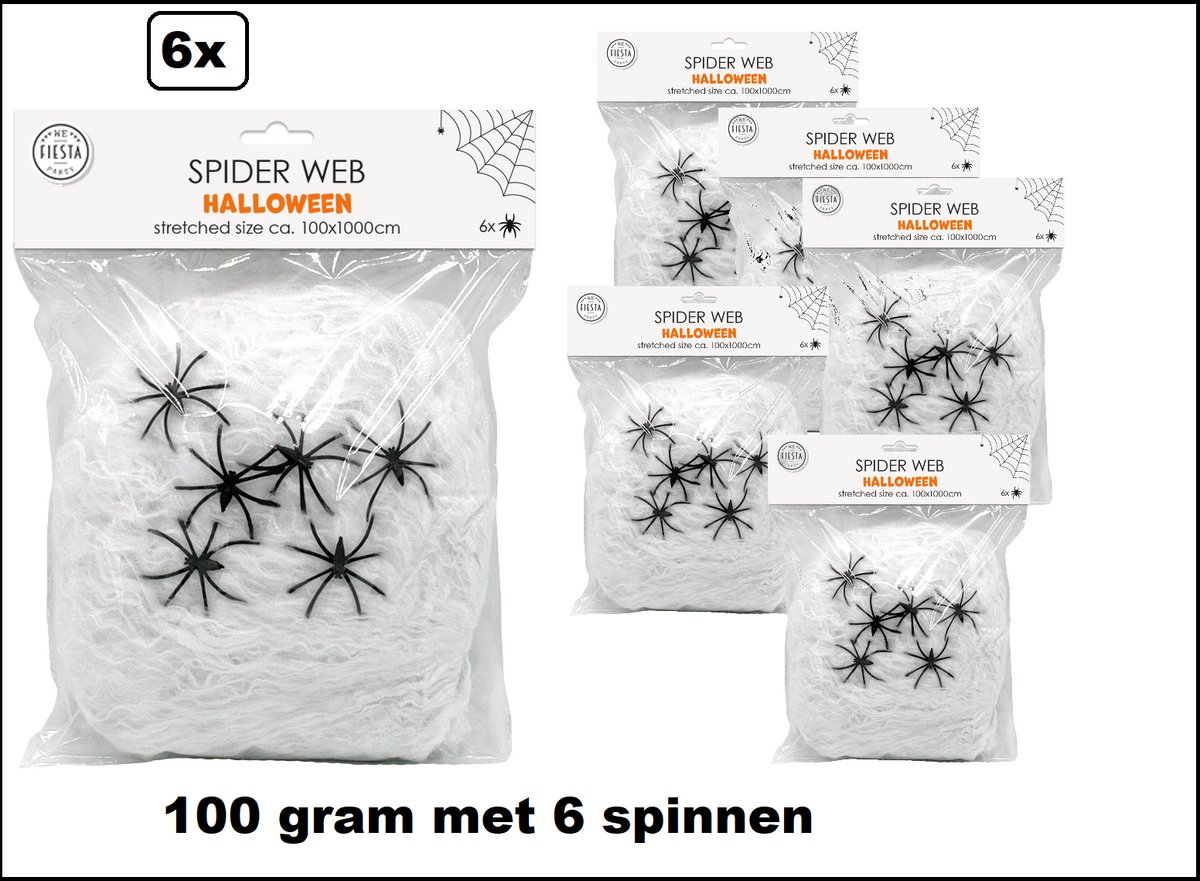 6x Zak spinnenweb 100gram met 6 spinnen - Halloween spooky scary horror spinnenrag