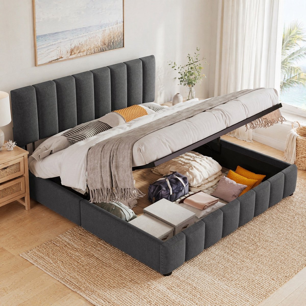 COVREO Bedframe 140x200 cm grijs, verstelbaar hoofdeinde, zonder matras