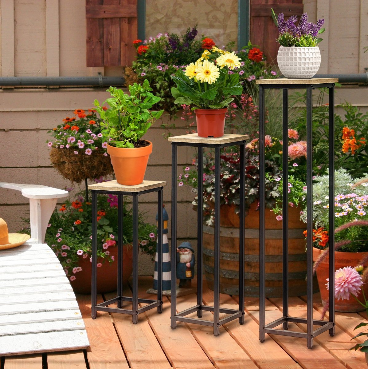 HAUSS SPOLE Plantenstandaard – 3-Delige Set 21 x 21 x 50 70 90 cm – Staal – Zwart en Naturel – Stapelbaar Voor Binnen en Buiten – 30 kg per Stuk