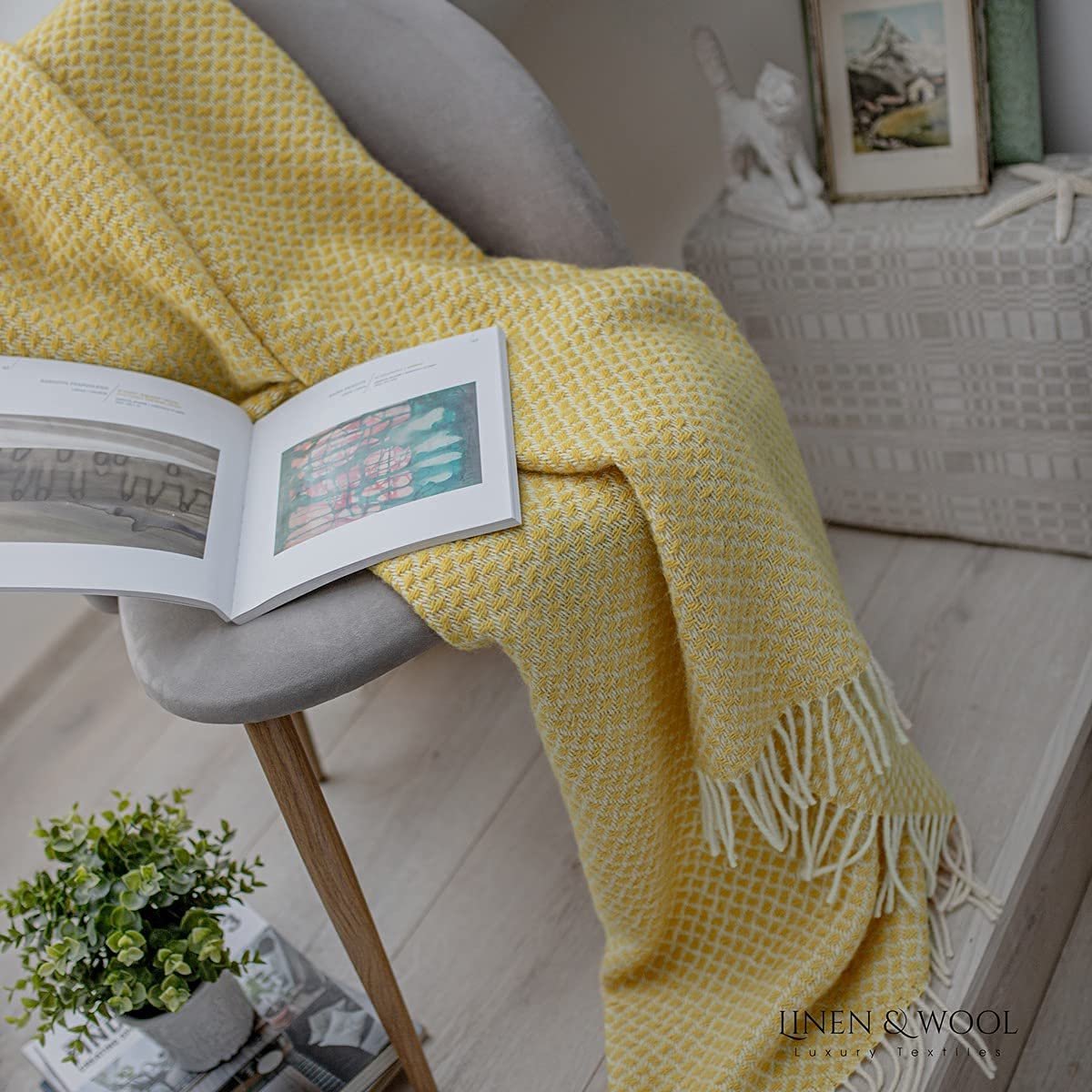 SnelShoppen - Zachte Warme Wollen Deken Woondeken Dagdeken Sofia - 100% Nieuw-Zeelandse Wol Geel 130 x 170 cm Plaid Gooi Sprei Bank Bed Fauteuil Slaap