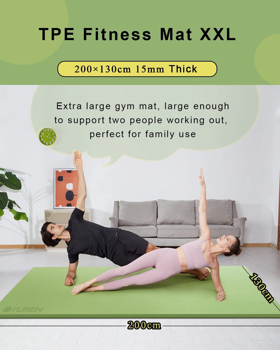SnelShoppen - Grote fitnessmat 200 × 130 cm - 15 mm extra dikke yogamat, TPE antislip-trainingsmat voor thuisgymnastiek, pilates en stretchgymnastiek