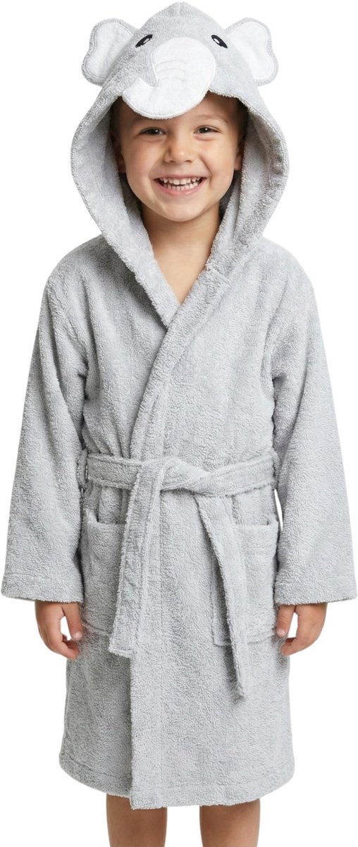 SnelShoppen - Zachte Kinderbadjas Grijs Olifant, Badstof met Capuchon, 100% Katoen, Leuk voor Meisjes, Geschikt voor Thuis, Zwemmen en Slapen, Maat 5-
