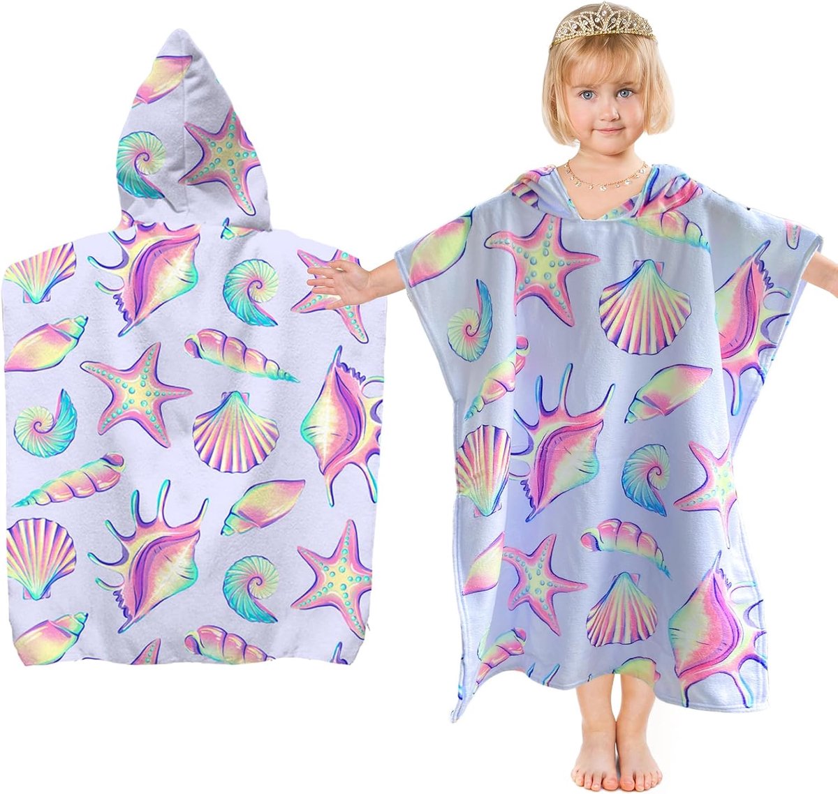 SnelShoppen - Badponcho voor Kinderen met Capuchon - Microvezel Handdoek Poncho voor Peuters en Kinderen van 2-8 Jaar - Meisjes en Jongens - Schelpen