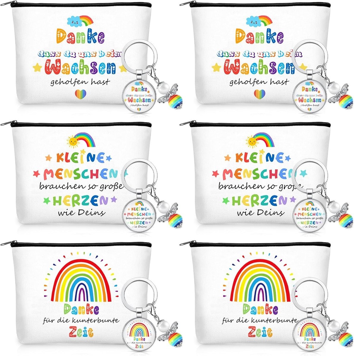 Set van 12 Bedankgeschenken voor Leraren met 6 Sleutelhangers van Beschermengelen en 6 Cosmetica Tassen met Bedanktekst voor Verzorgers en Dagmoeders, Perfect als Afscheids- of Dankgeschenk