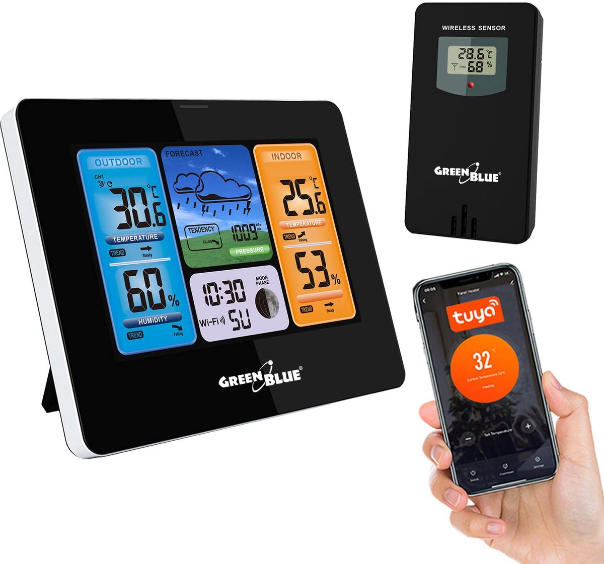 SnelShoppen - WiFi-weerstation met weersvoorspelling-app, 7 talen, binnen- en buitentemperatuur, maanfase, datum en dagweergave, IPX4 waterbestendig v
