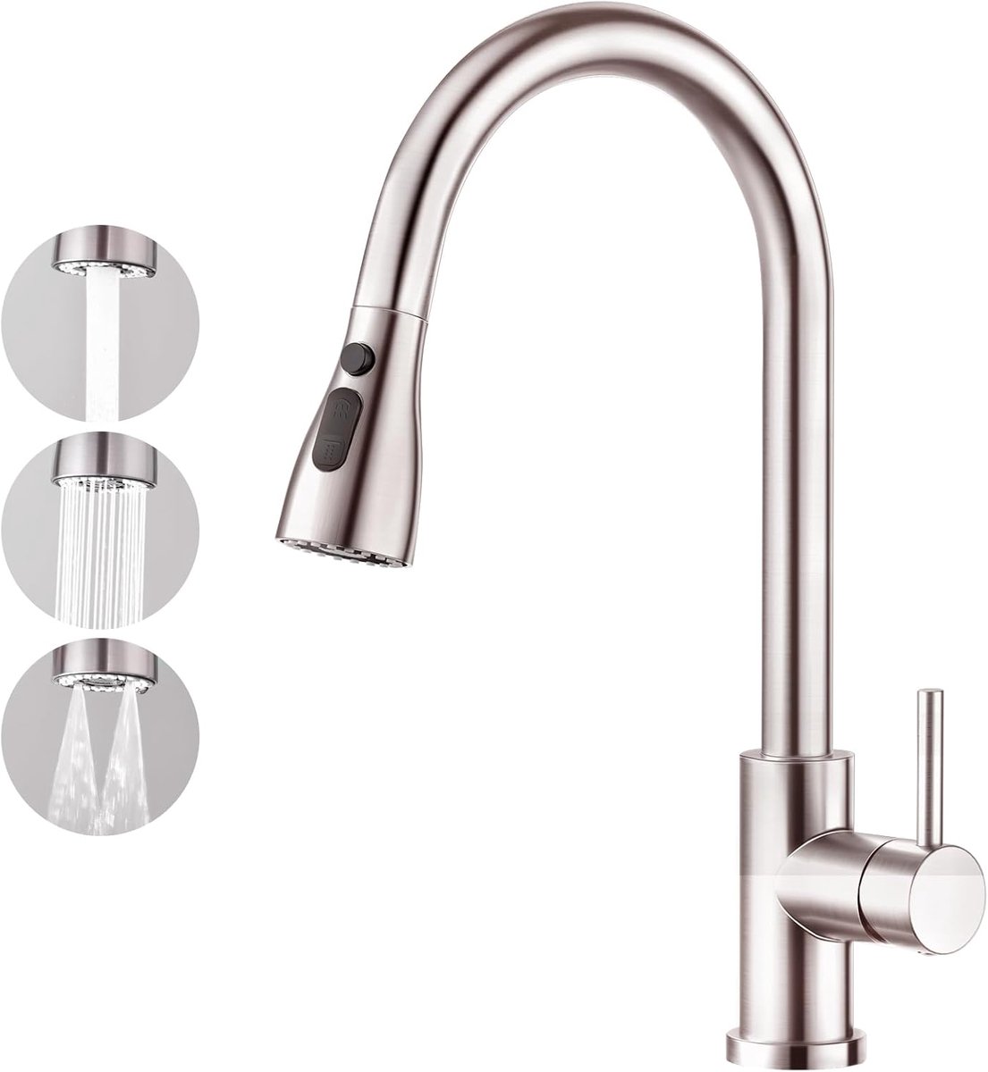 SnelShoppen - Keuken Mengkraan, Hoofddouche met 3 Functies, Uittrekbare 360° Rotatie, RVS, Hoogdruk, Vrijstaand, Brushed, Voor Keuken, Koken, Huishoud