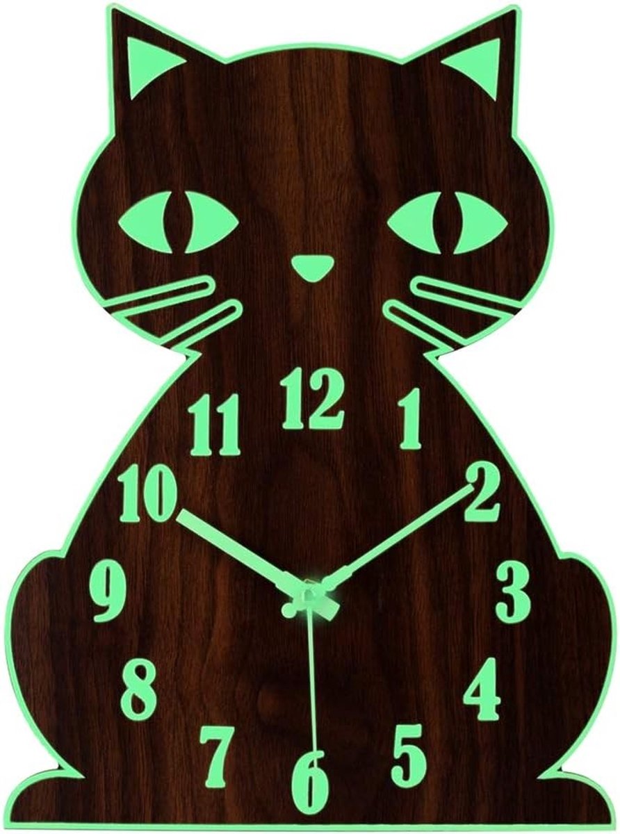 Stille wandklok met nachtlampje - schattig kattenontwerp voor kinderen