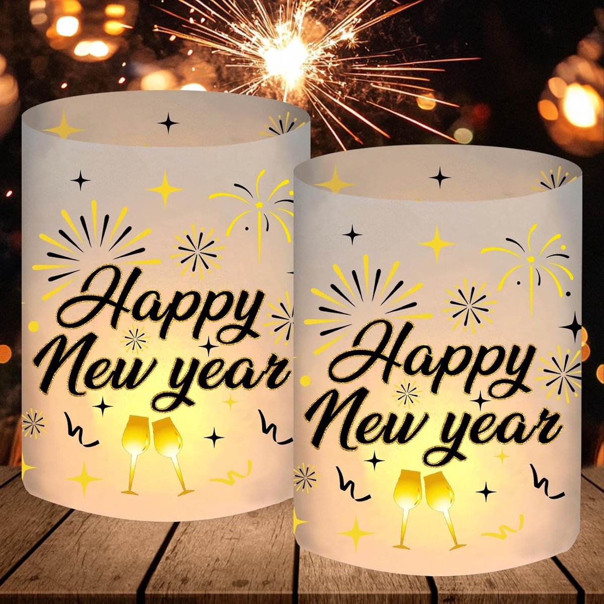 SnelShoppen - 12 Nieuwejaarslantaarns Tafel Decoratie - Gelukkige Nieuwjaar Versiering Goud - Ideaal voor Kinderen en Feesten - Lichtgewicht Sulfur Pa