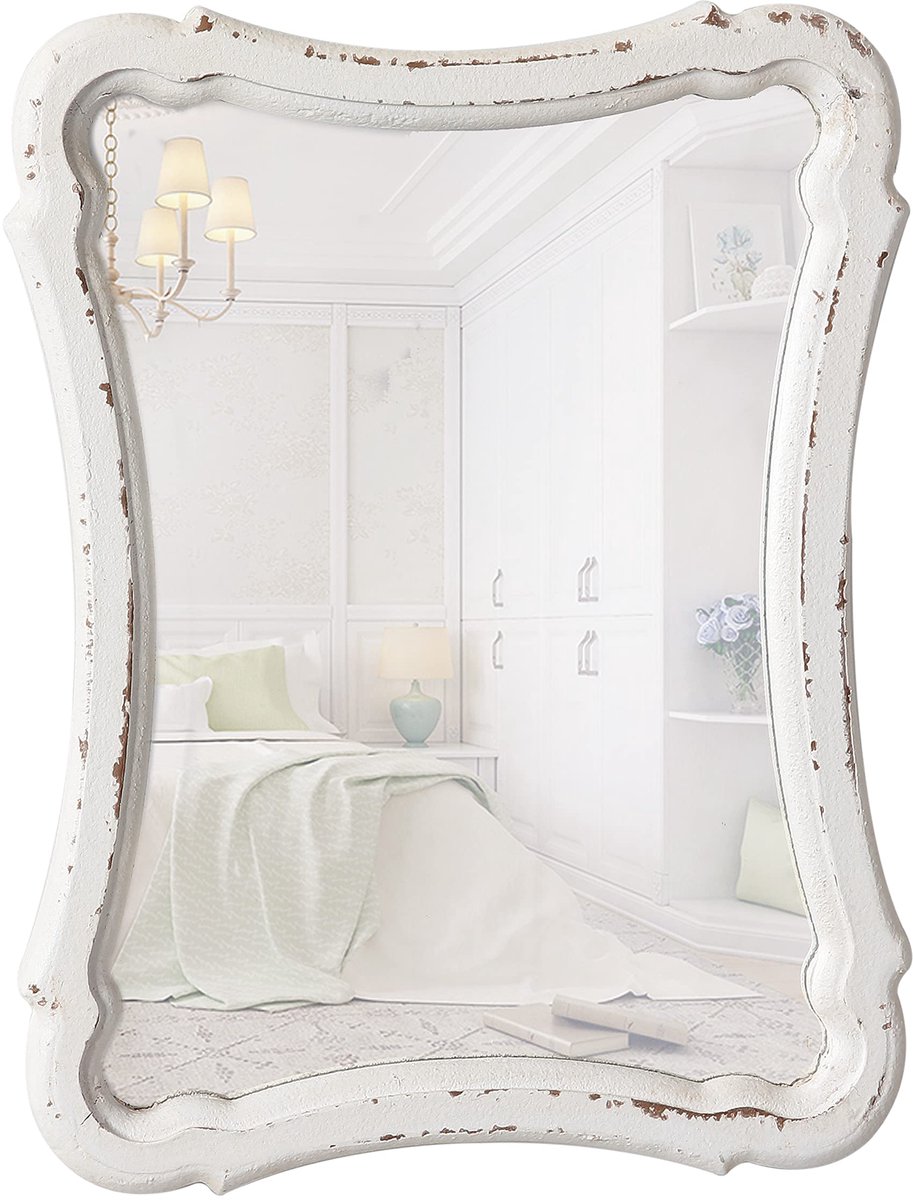 SnelShoppen - Rustieke Wandspiegel Klein 23x30 cm met Houten Lijst, Rechthoekige Decoratieve Spiegel voor Woonkamer, Slaapkamer, Badkamer en Hal - Wit