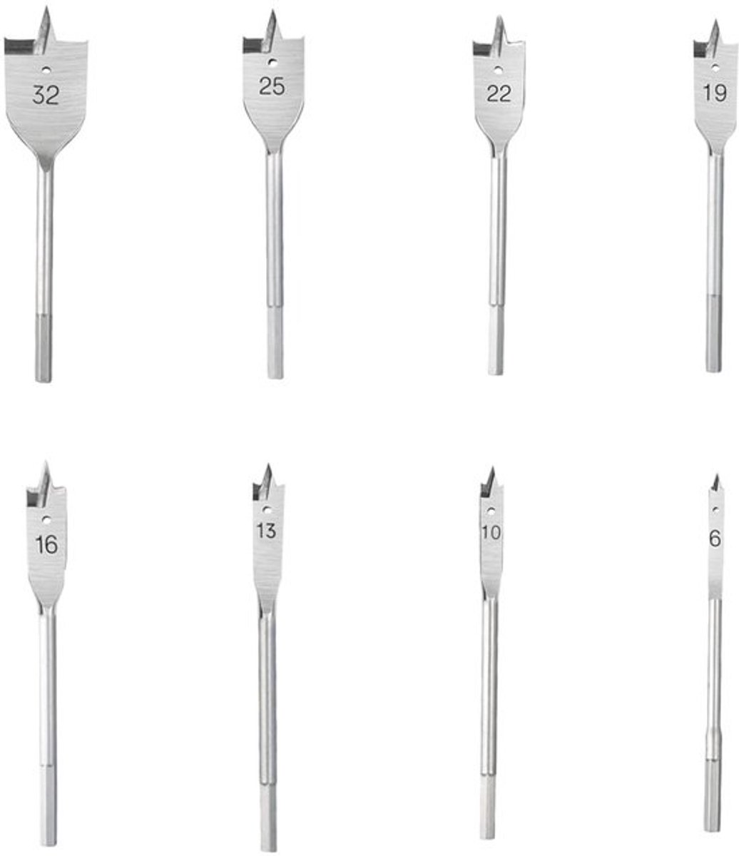 8 stuks platte houtboren, Ø 6-32 mm platte boorset voor hout, professionele platte boor van koolstofstaal voor zacht en hardhout, gipsplaat, schuimbox