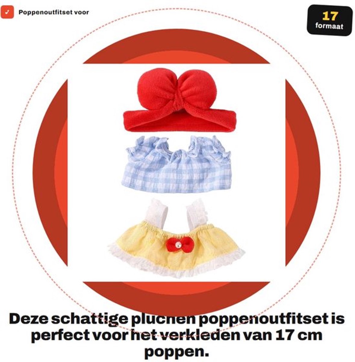 Poppenoutfit Schattige Set - Poppenaccessoires - Kleding voor 17 cm Poppen - Polyester - 3 Stuks - Inclusief Hoofdband en Rok - Poppenkleding