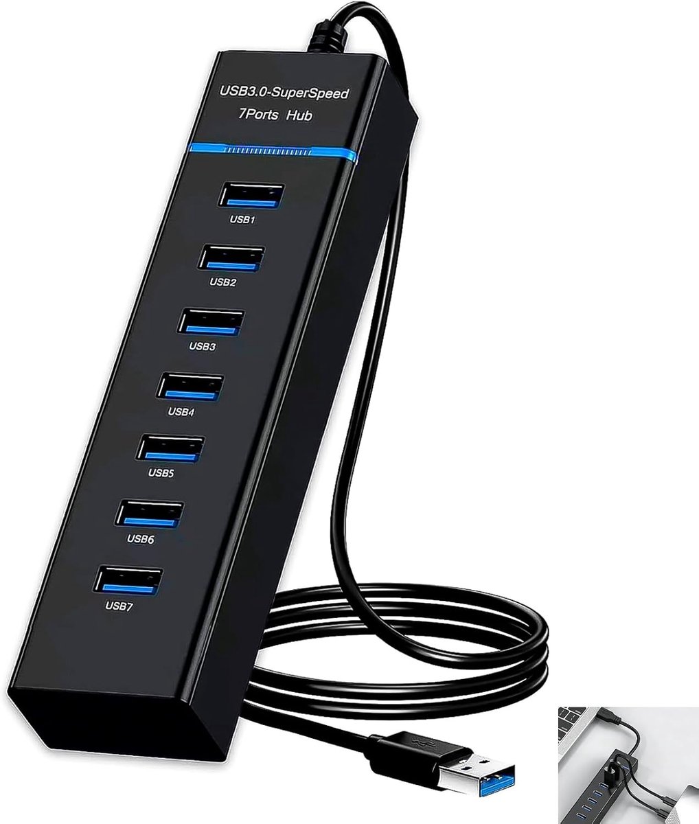 SnelShoppen - USB 3.0 Hub 7 Poorten Aluminium Multiport Adapter met 120cm Kabel, 5Gbps Hoge Snelheid Splitter voor PC, Laptop, Kantoor, Compatibel met