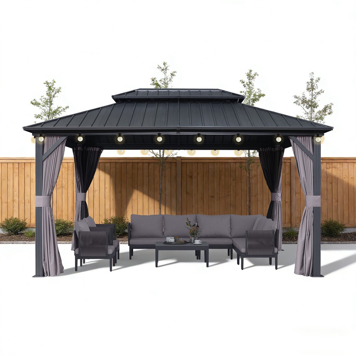 PURPLE LEAF Essential Hardtop Tuinpaviljoen met LED-verlichtin – Gegalvaniseerd Stalen Dak – Aluminium Frame – Gordijnen en Klamboe – Grau