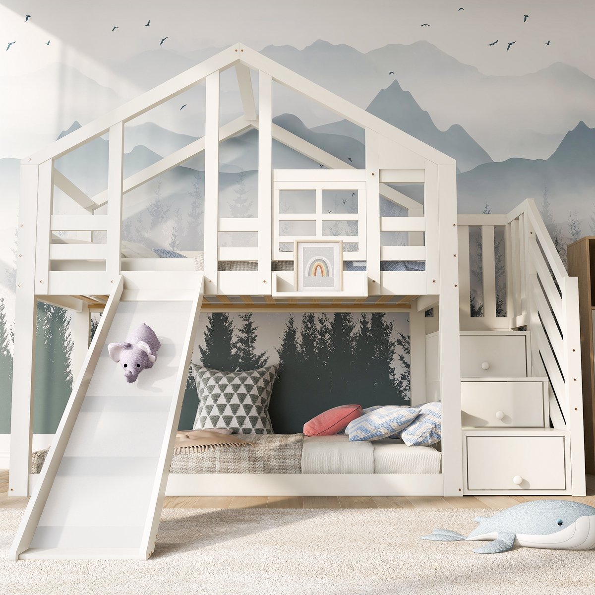 Merax Kinderbed - boomhut 90 x 200 cm - raamframeconstructie - stapelbed - met glijbaan en valbeveiliging - wit - zonder matras