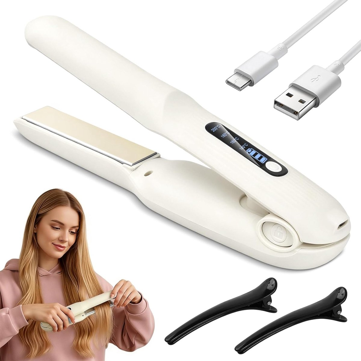 Draadloze 2-in-1 stijltang (stijlen & krullen), USB-stijltang met 4000 mAh-accu, 4 temperatuurstanden (140-200°C), led-display, keramische platen, draagbare reisstijltang（wit）