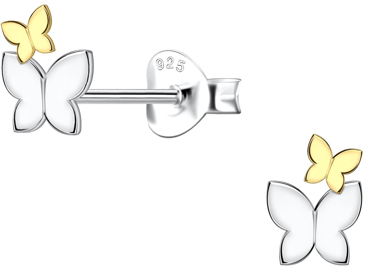 Joy|S - Zilveren vlinder oorbellen - 5 x 7 mm - 2 vlindertjes - massief - sterling zilver 925 icm gold plated - vlinders oorknopjes