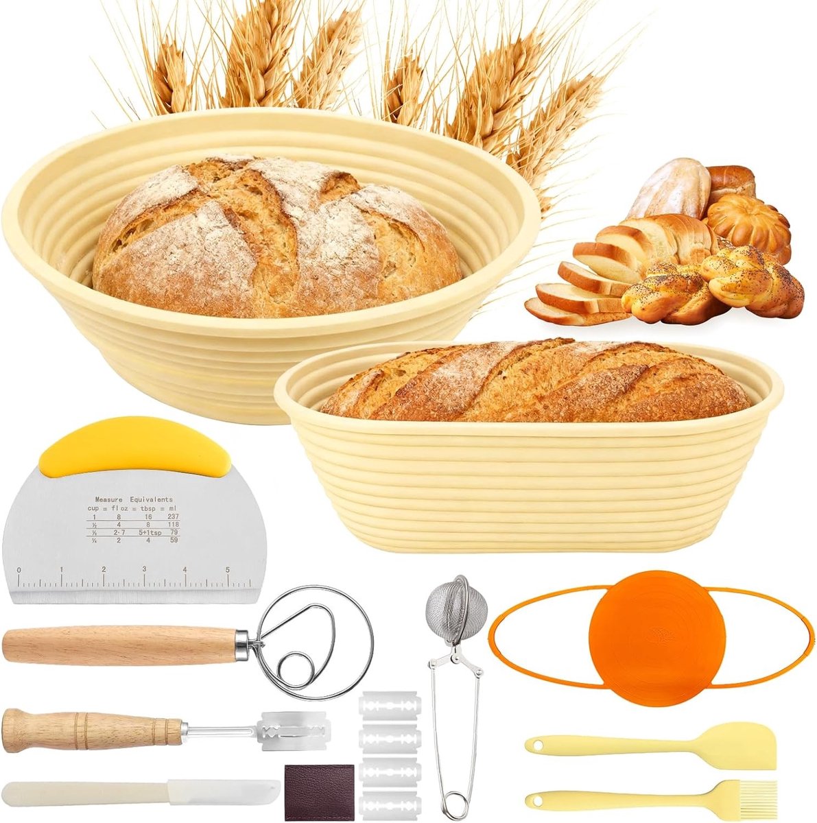 Broodbakset - Zuurdeeg Accessoires - Ambachtelijk Brood Bakken - Siliconen Manden - 15 Delig - Geel