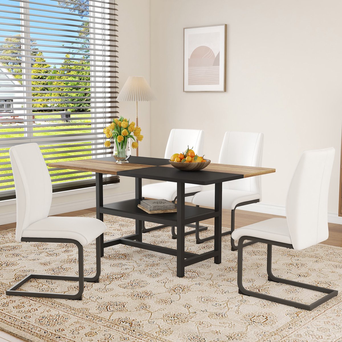 MEUNIQ rechthoekige eettafelset 160 x 90 x 76 cm met 4 stoelen, geïntegreerd opbergrek en zwart metalen frame voor eetkamer en keuken, wit houtlook