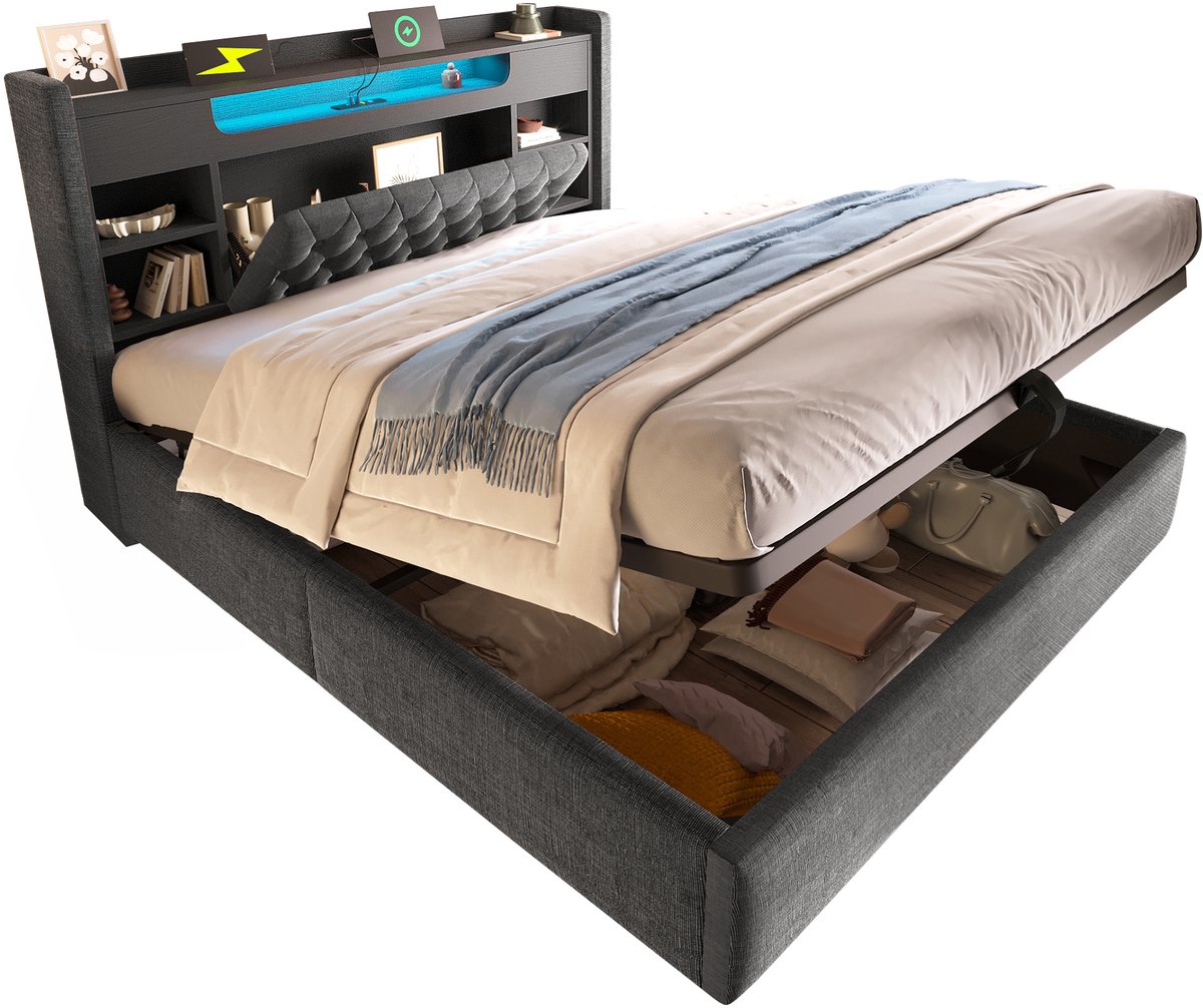 Merax 140x200 cm gestoffeerd bed met LED-verlichting - met USB/Type-C oplaadfunctie - met opbergruimte - grijs - zonder matras