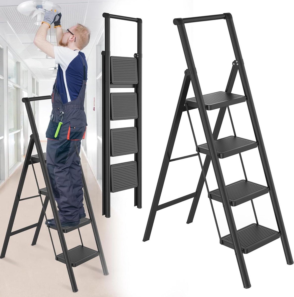 Trapladder 4 treden - Huishoudladder inklapbaar - Veilig klussen thuis - Dubbel anti-slip ontwerp - 150 kg belastbaar - Metaal