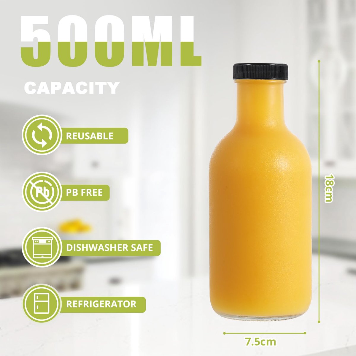 SnelShoppen - Glazen sapflessen 500 ml - 4 stuks herbruikbare drinkflessen met deksels - Doorzichtige glazen flessen voor zelfgemaakte dranken, pickni