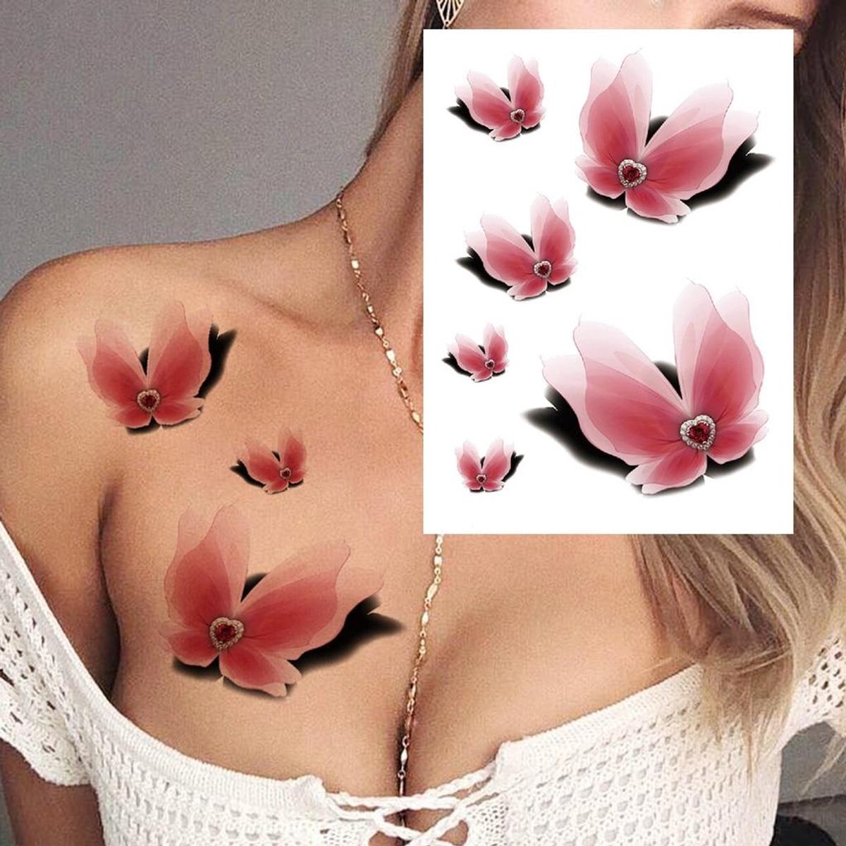 Temporary Tattoo Roze Vlinders Hartjes (A5 formaat) [Neptattoo - Tijdelijke tatoeage - Nep Fake Tattoos - Water overdraagbare festival sticker henna outfit tattoo - Glitter tattoo - Volwassenen Kinderen Jongen Meisje]
