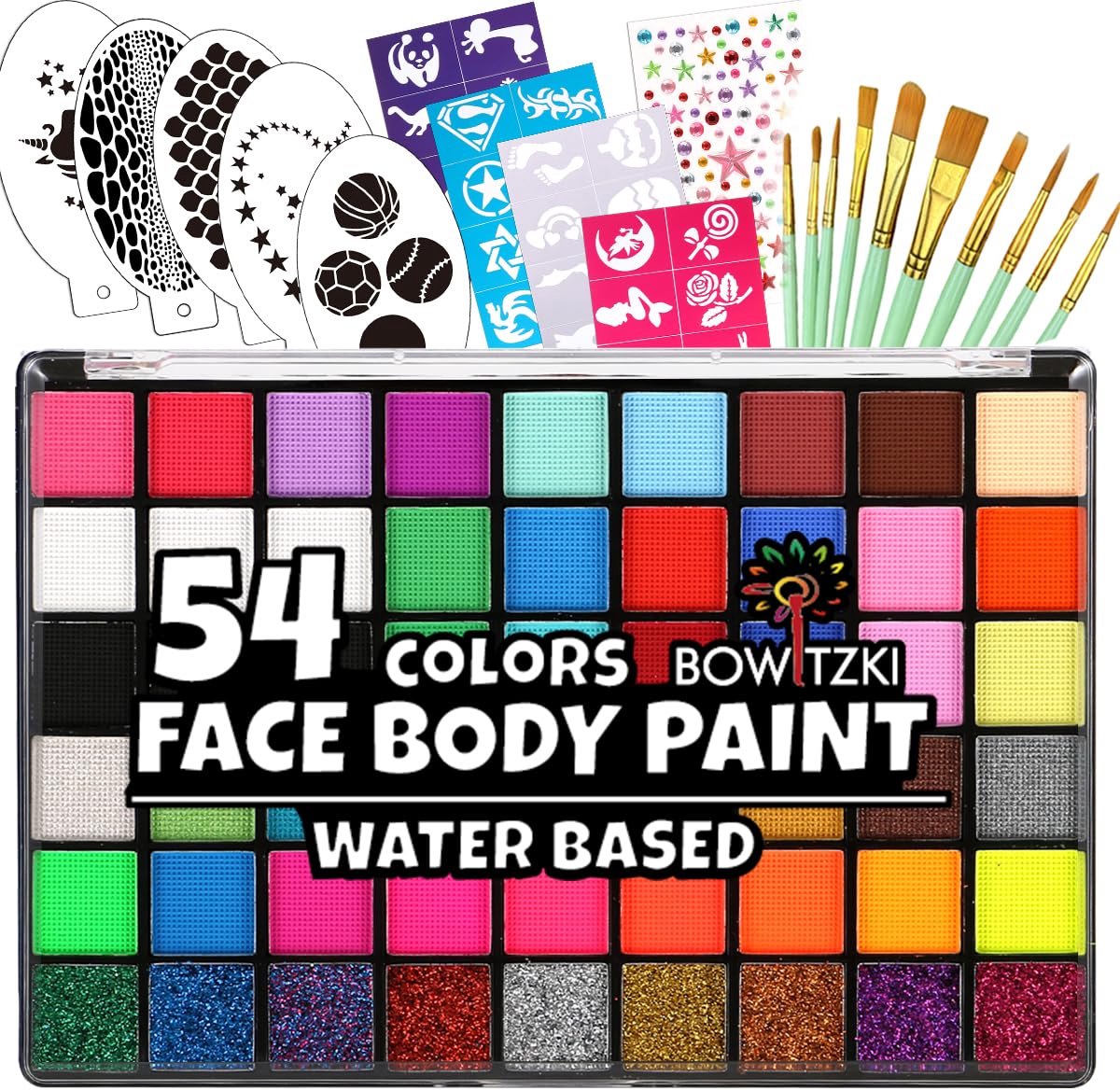 SnelShoppen - Gezichtsverfset met 50 Kleuren, 8 Vellen Stencils, 2 Glitters, 10 Borstels, 1 Vel Gems - Waterbasis, Veilig en Professioneel voor Hallow