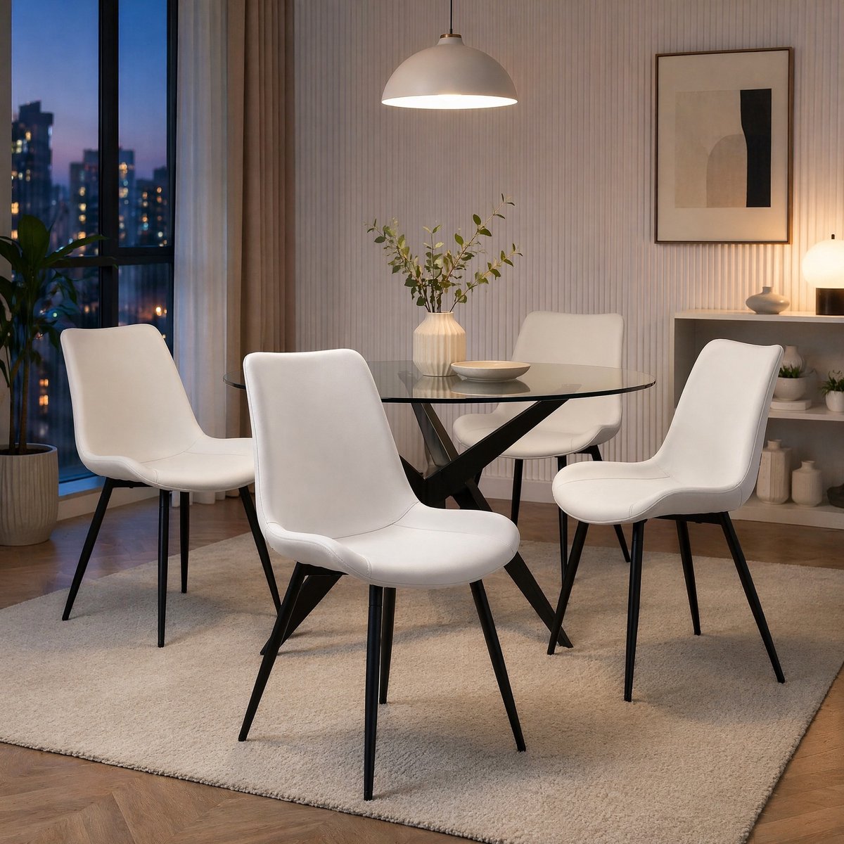 MEUNIQ Eetkamerstoel set van 4 in wit kunstleer met zwart metalen onderstel, ergonomische rugleuning en antislip stoelpoten, 83 cm hoog voor eetkamer of kantoor