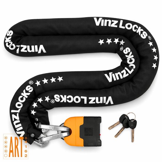Zwarte kettingslot van Vinz Locks met sterrenprint. Met oranje/zwarte ART 4-slot en 3 sleutels.