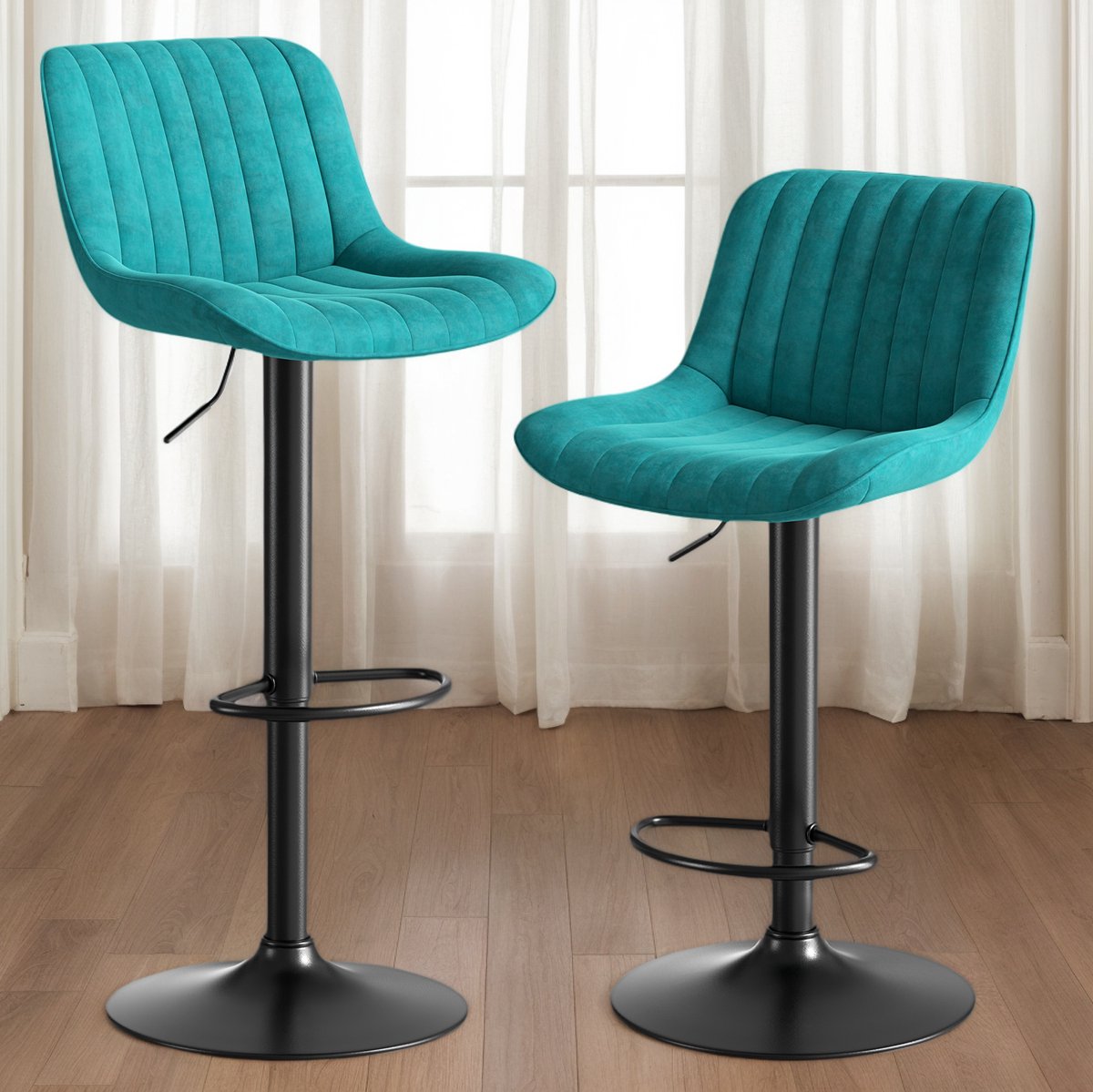 MEUNIQ Barkruk set van 2 in blauw velvet, draaibaar en hoogte instelbaar 87-109 cm, met rugleuning en voetsteun voor keuken of bar Blue