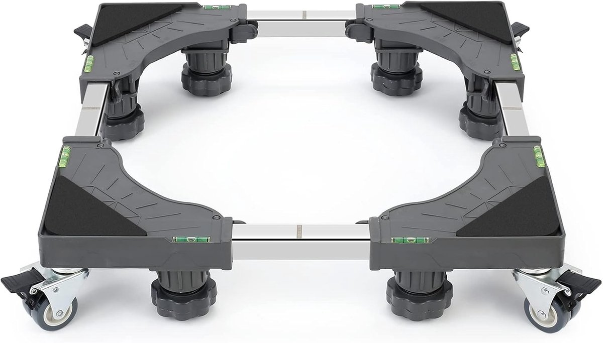 Wasmachine standaard met 4 vergrendelbare wielen, 8 beschermkussens, 300 kg draagvermogen, verstelbare breedte 40-62 cm en hoogte 11-12,5 cm