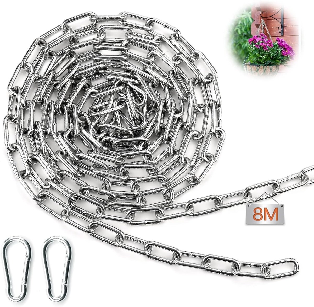 Robuuste 8 meter lange stalen ketting van 3 mm, gegalvaniseerd met gelaste schakels en karabijnhaak voor fietsen en beveiliging