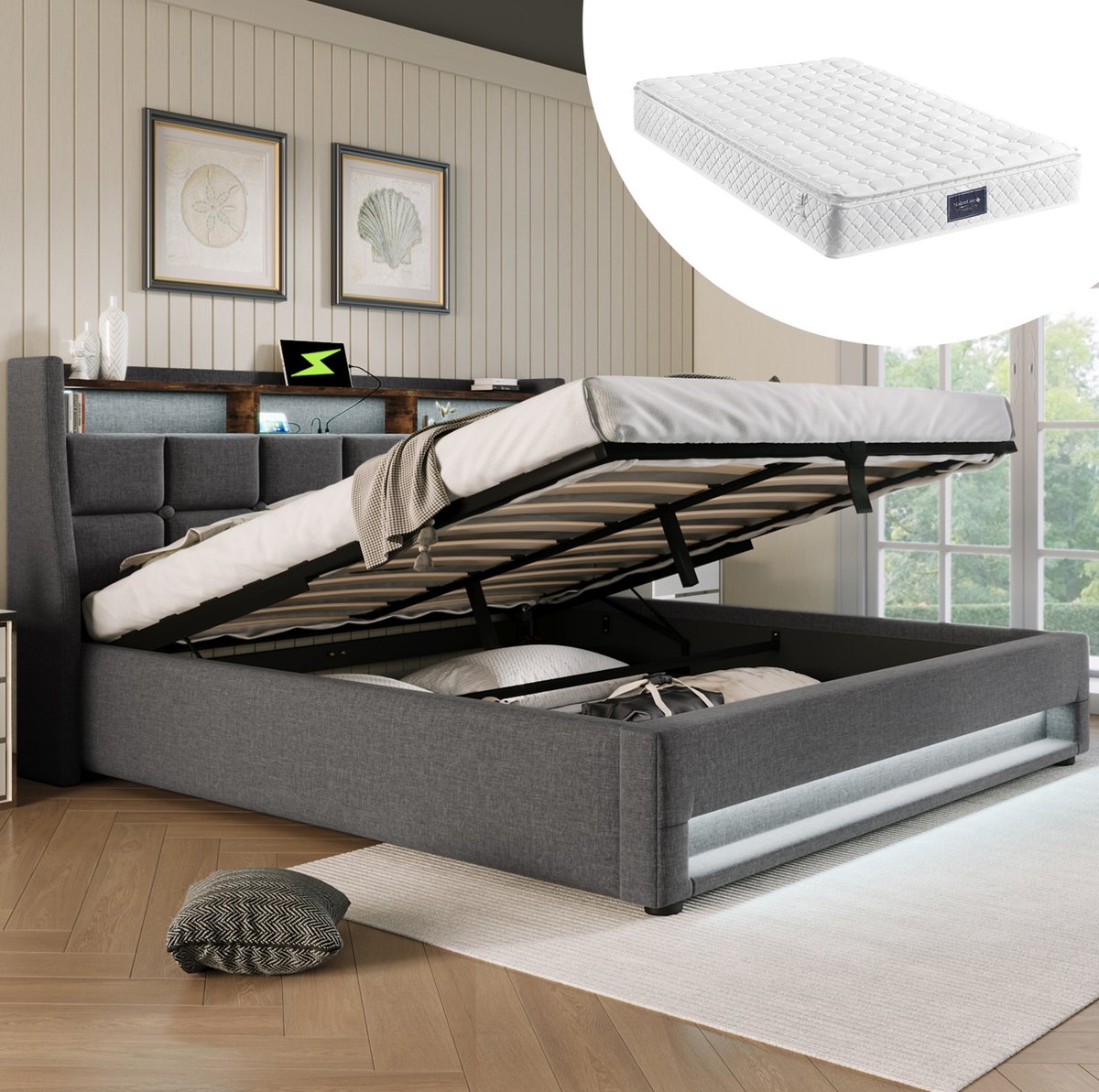 COVREO Bedframe 160x200 cm grijs, LED, USB en opbergruimte, zonder matras