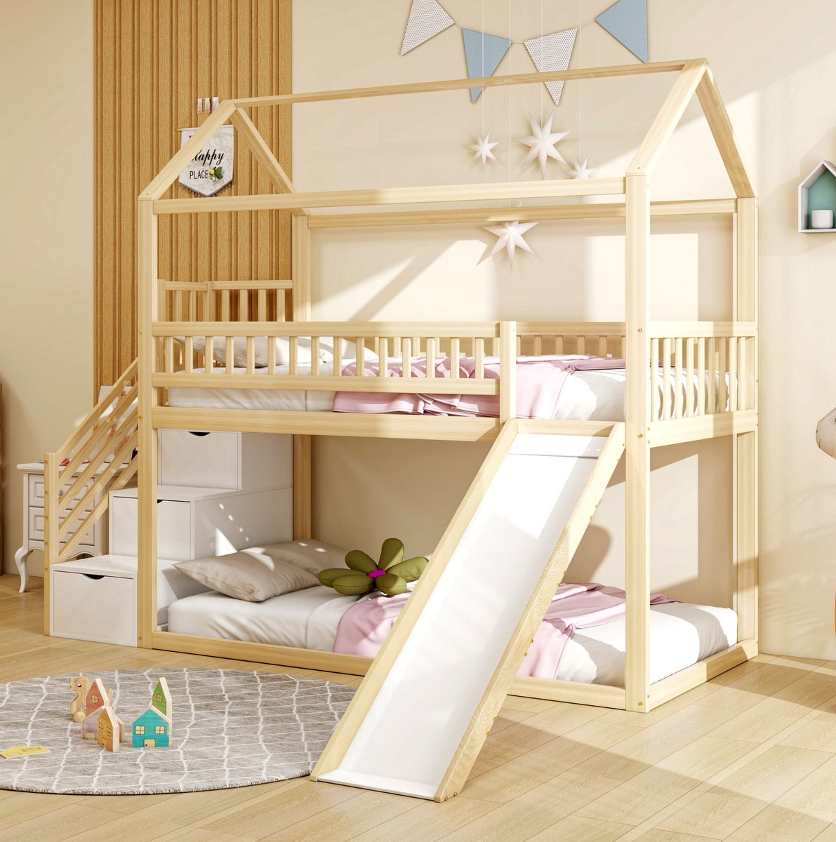 COVREO Bed 90x200 cm naturel hout met glijbaan, zonder matras
