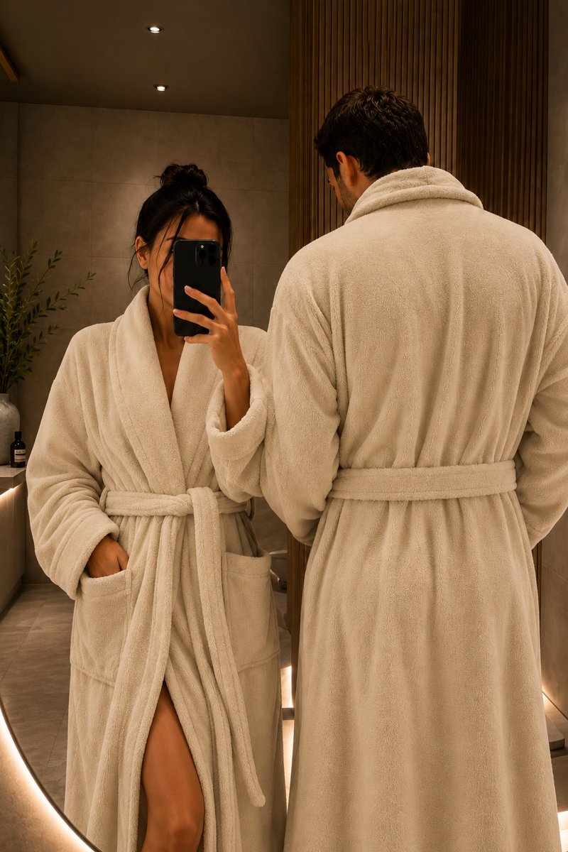 The Linen Room Badjas Set voor Koppels – 2 Badjassen 450 GSM – 100% Katoen – Hotelkwaliteit – Unisex – Licht beige-XXL