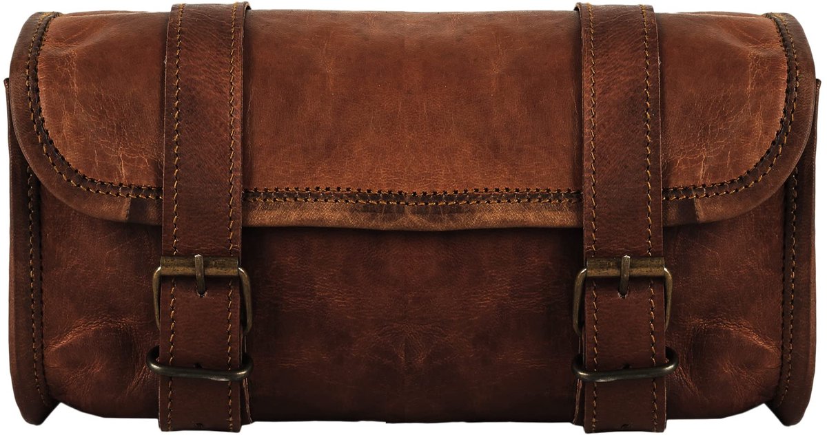 SnelShoppen - Echt Geitenleer Vintage Motorfiets Gereedschapstas met Riem, Bruin, 10 Inch - Perfect voor Stuur, Vorken, Sissybar - Uniek Kerst en Nieu