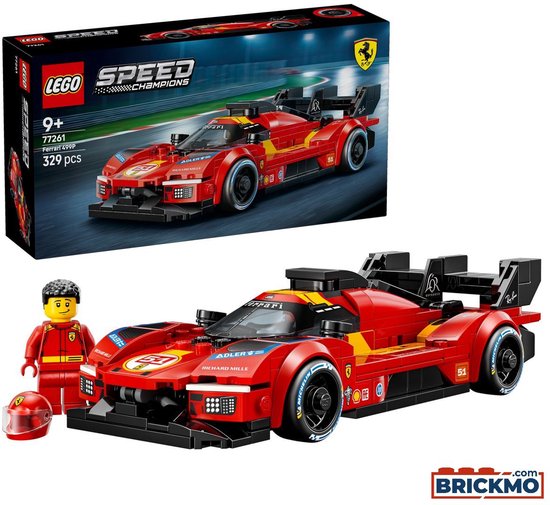 Voiture de course LEGO Speed Champions Ferrari 499P, figurine en combinaison et casque, sur fond blanc.
