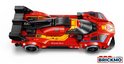 Vue de dessus d'une voiture de course LEGO Ferrari 499P rouge avec rayures jaunes, aileron noir et détails.