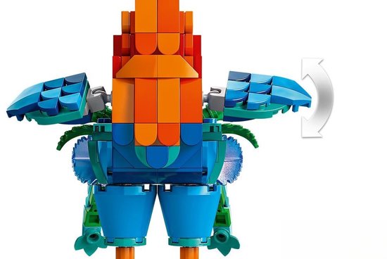 Arrière du poulet LEGO Disney Vaiana 2 Heihei avec des ailes bleues et des pattes vertes.