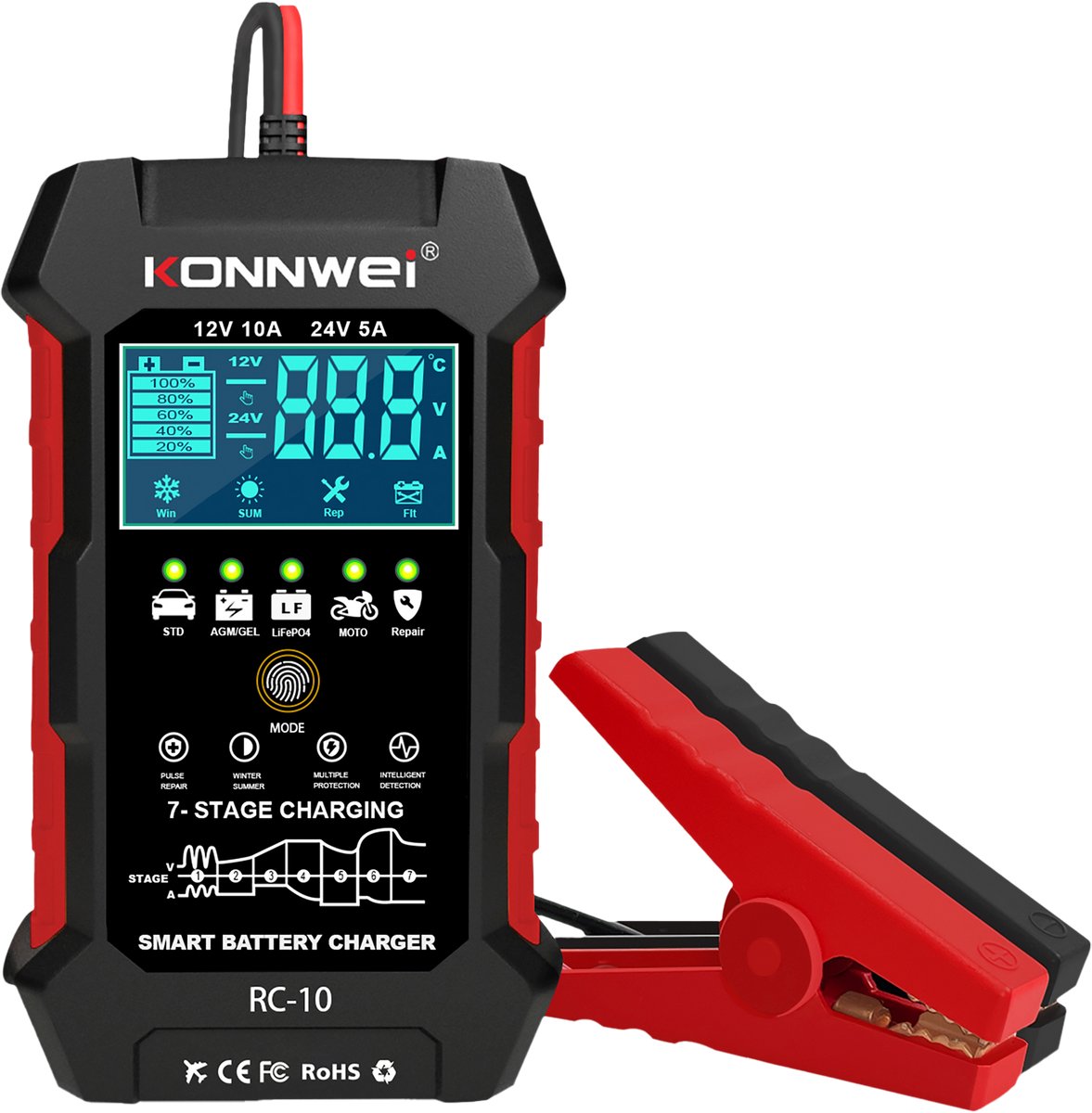 Konnwei RC-10 automatische acculader – 12V 10A / 24V 5A – reparatiemodus