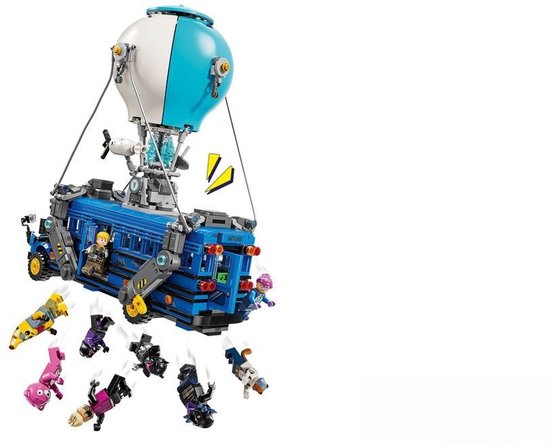 Bus de combat LEGO bleu avec ballon, joueurs et armes qui tombent.