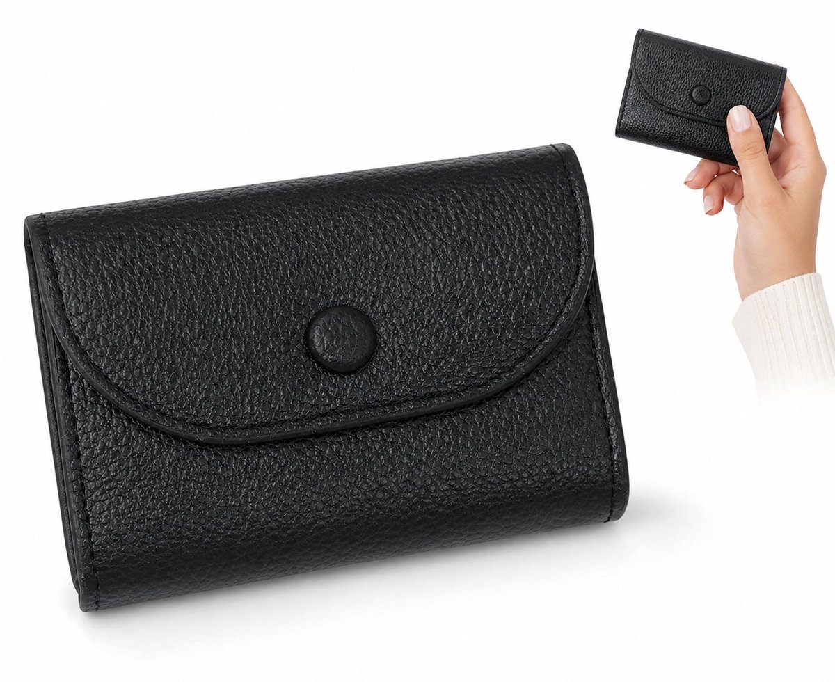 VHV - Damesportemonnee 11 x 9 x 2 cm - Compacte PU Leren Portemonnee met Muntvak en Kaartvakken - Zwart